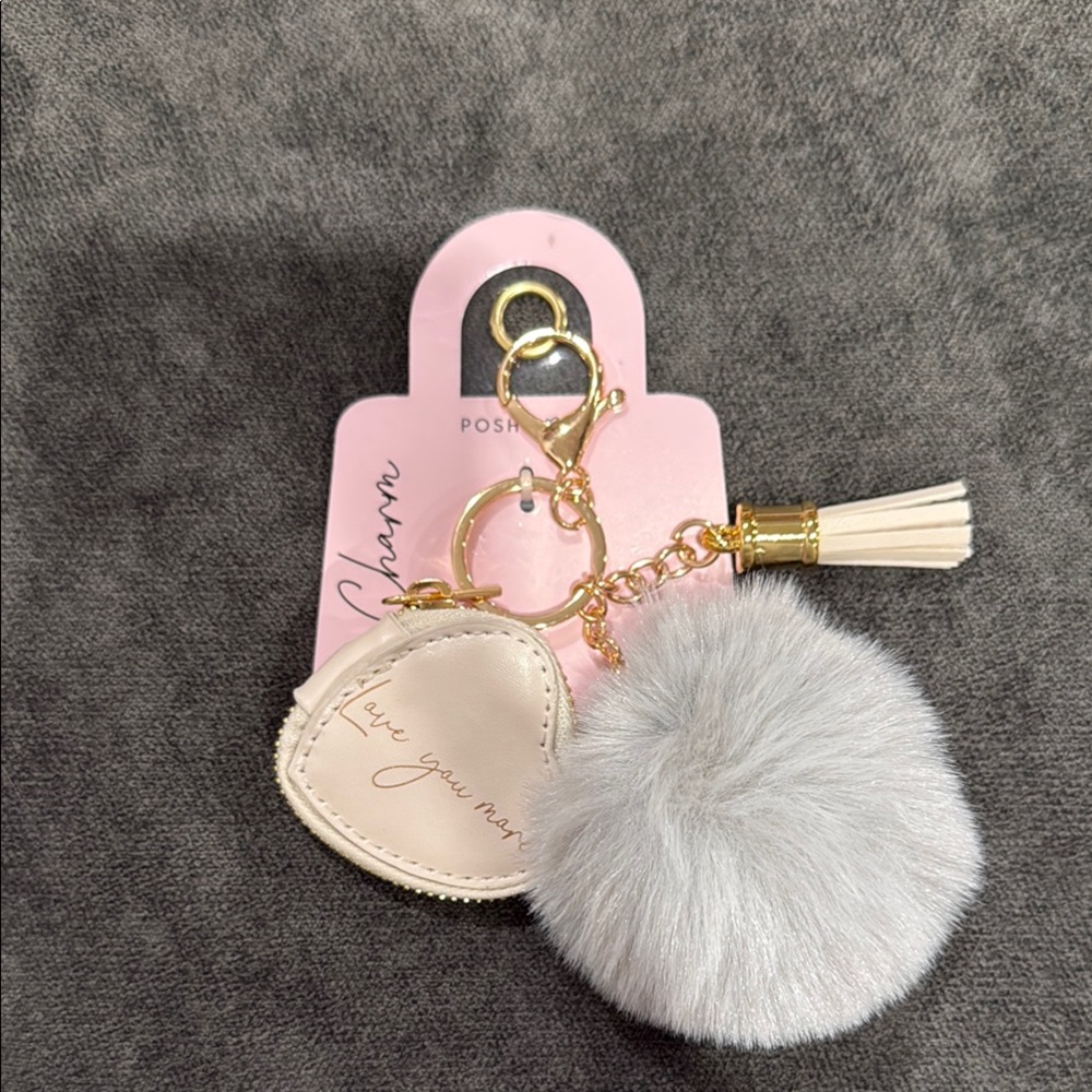 Posh Keychain or Purse Charm with Gray Pom Pom and Gold Accents